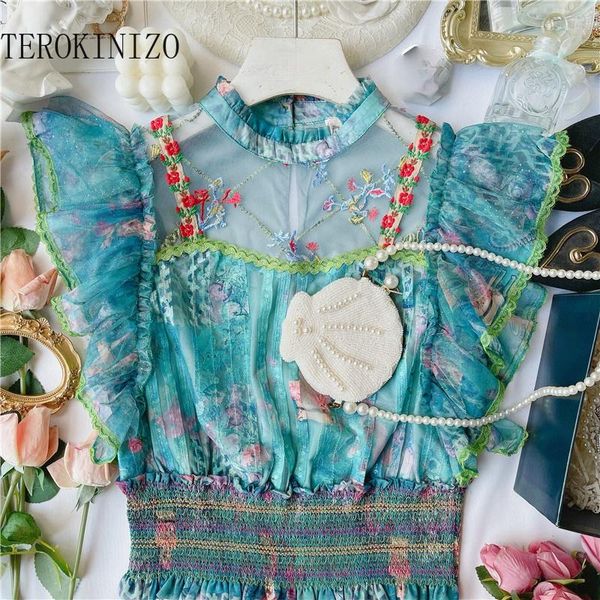women's blouses & shirts terokinizo flower embroidery elegant blouse women o neck ruffle patchwork sleeveless slim waist summer ladies, White
